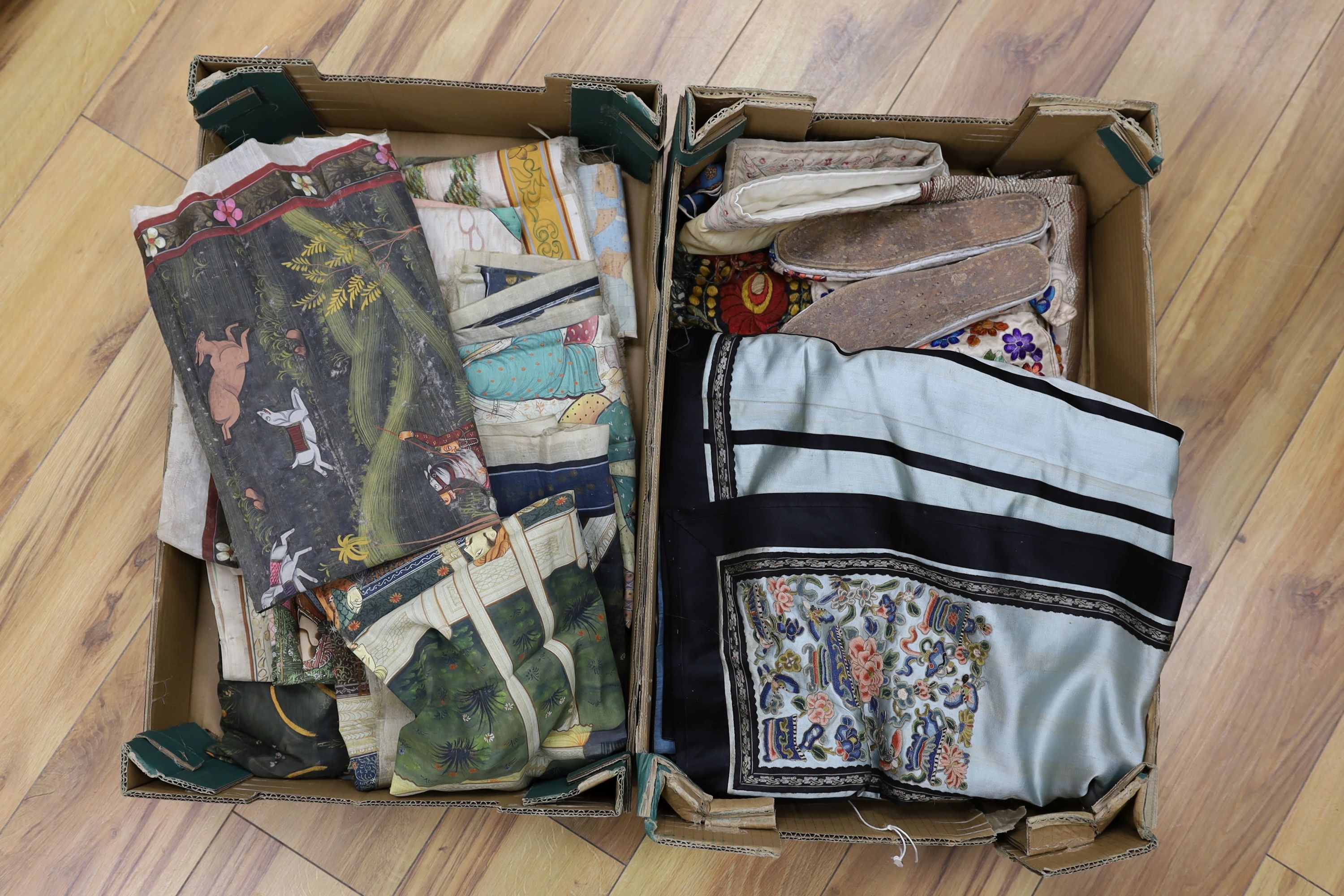A Chinese embroidered skirt, embroidered silk panels and a collection ofIndian painting on silk, Chinese skirt 94 cms long.